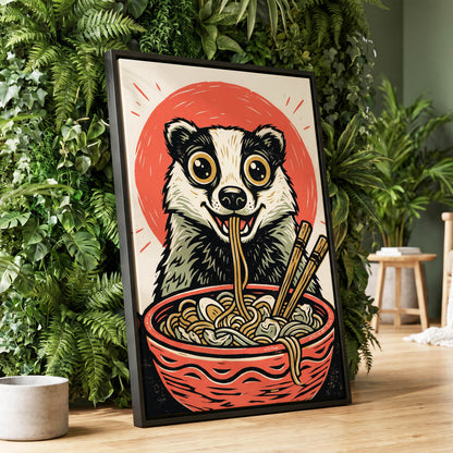 Midnight Noodle Badger, red, black, beige nature wall art displayed in a styled interior, gallery view 4