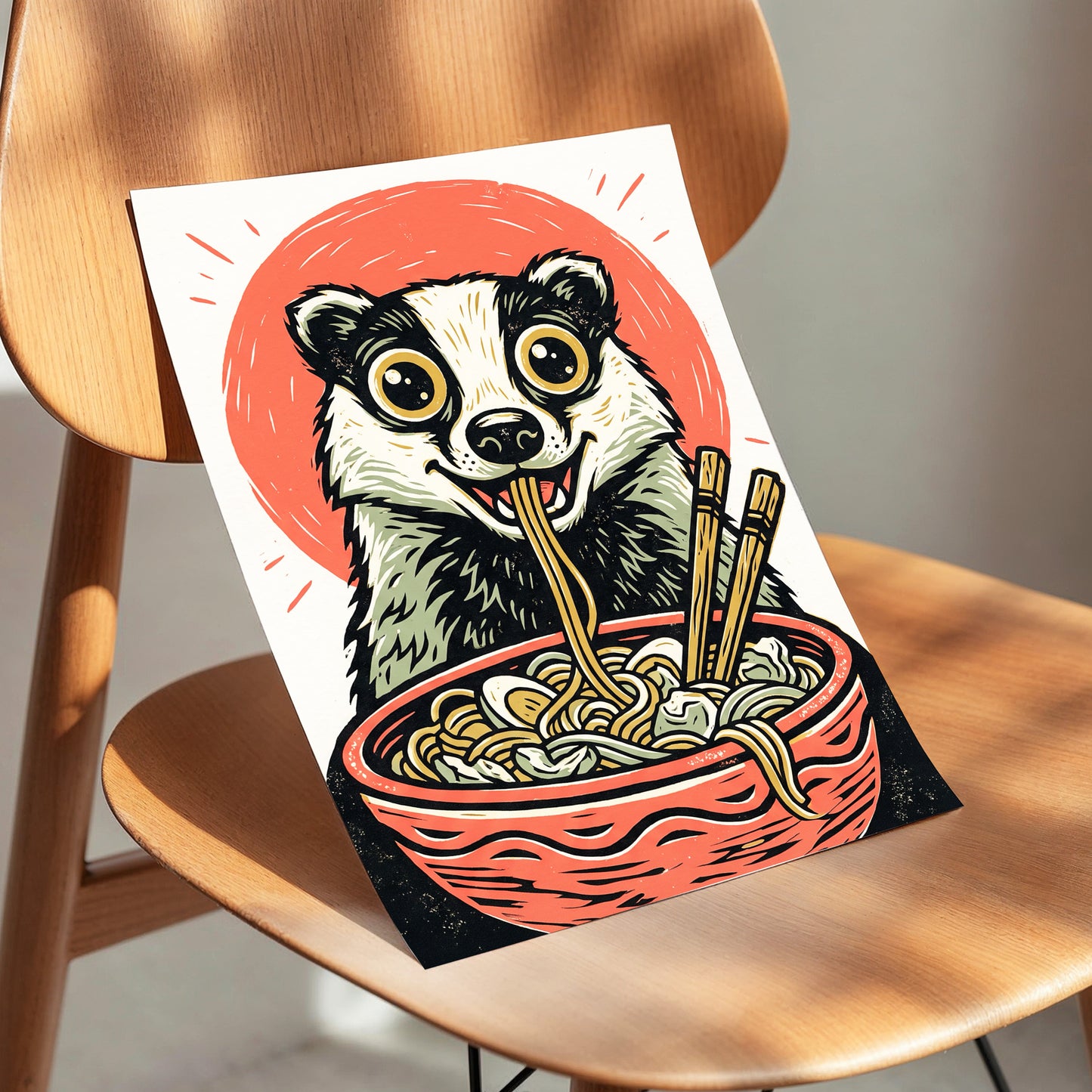 Midnight Noodle Badger, red, black, beige nature wall art displayed in a styled interior, gallery view 5