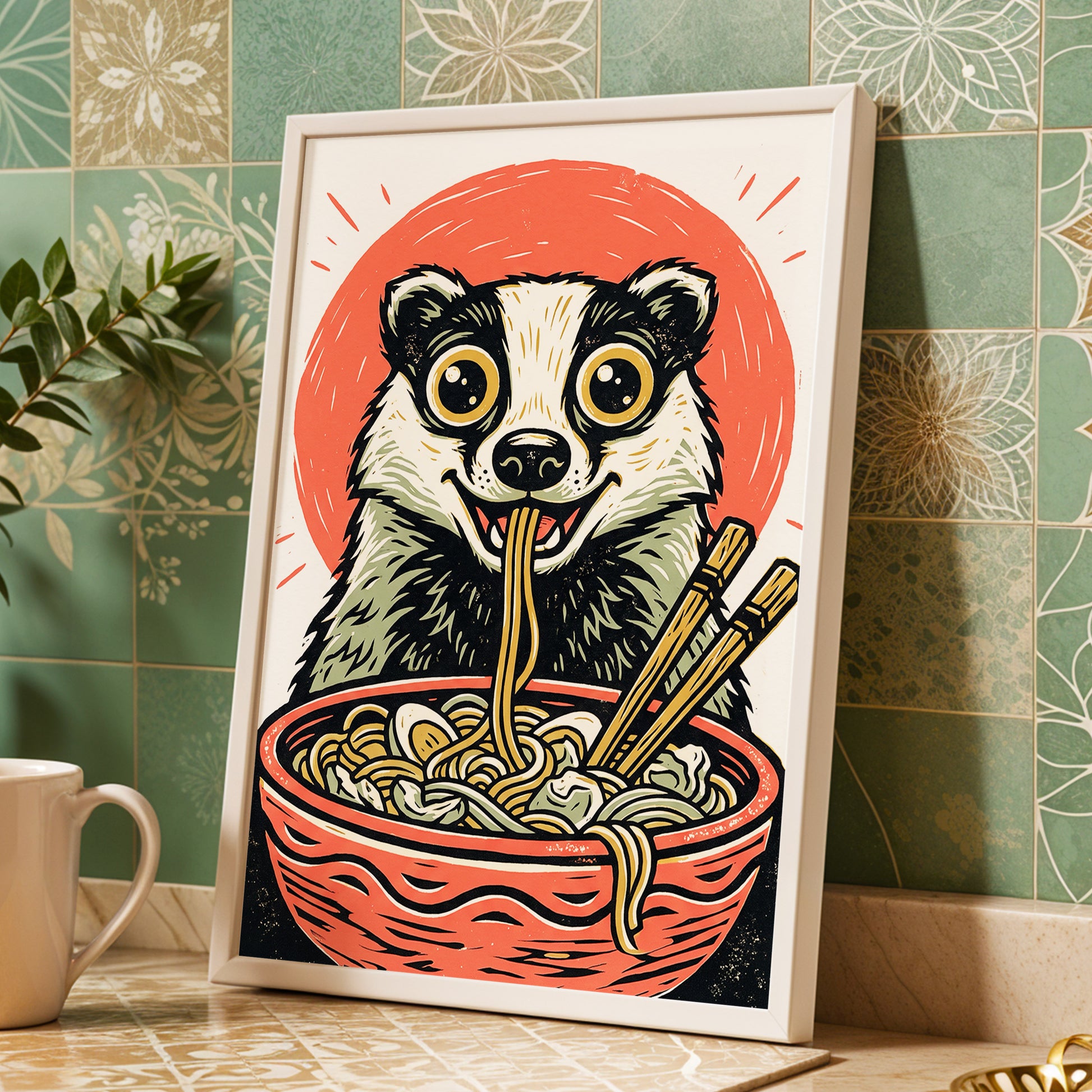 Midnight Noodle Badger, red, black, beige nature wall art displayed in a styled interior, gallery view 6