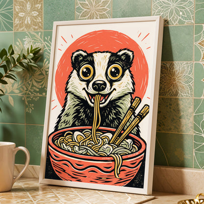 Midnight Noodle Badger, red, black, beige nature wall art displayed in a styled interior, gallery view 6