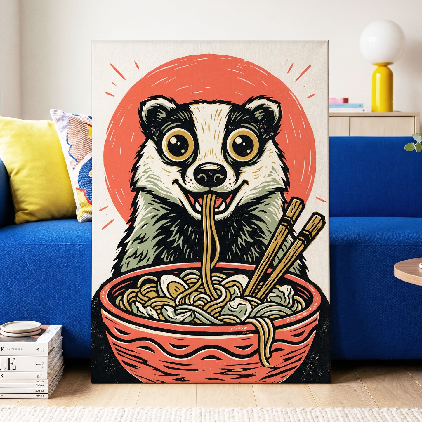 Midnight Noodle Badger, red, black, beige nature wall art displayed in a styled interior, gallery view 7