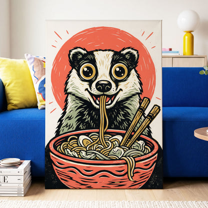 Midnight Noodle Badger, red, black, beige nature wall art displayed in a styled interior, gallery view 7