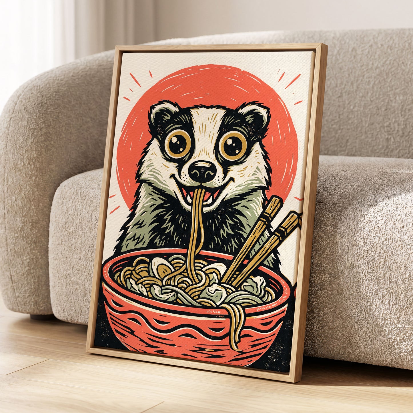 Midnight Noodle Badger, red, black, beige nature wall art displayed in a styled interior, gallery view 8