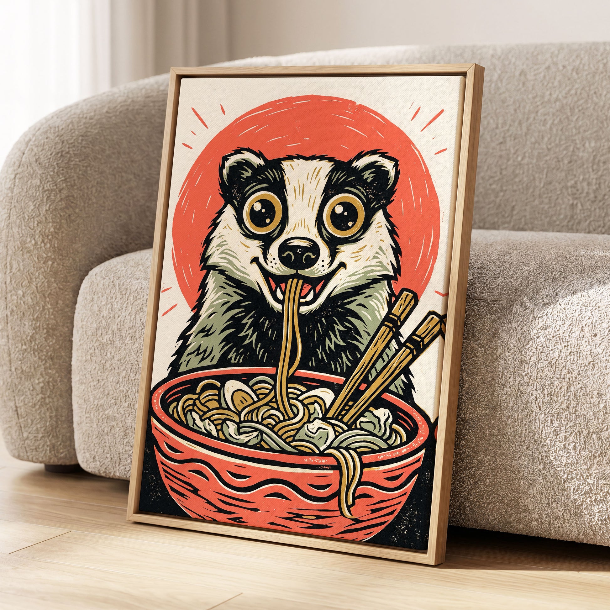 Midnight Noodle Badger, red, black, beige nature wall art displayed in a styled interior, gallery view 8