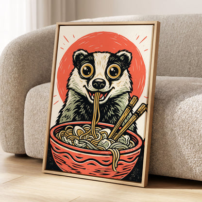 Midnight Noodle Badger, red, black, beige nature wall art displayed in a styled interior, gallery view 8