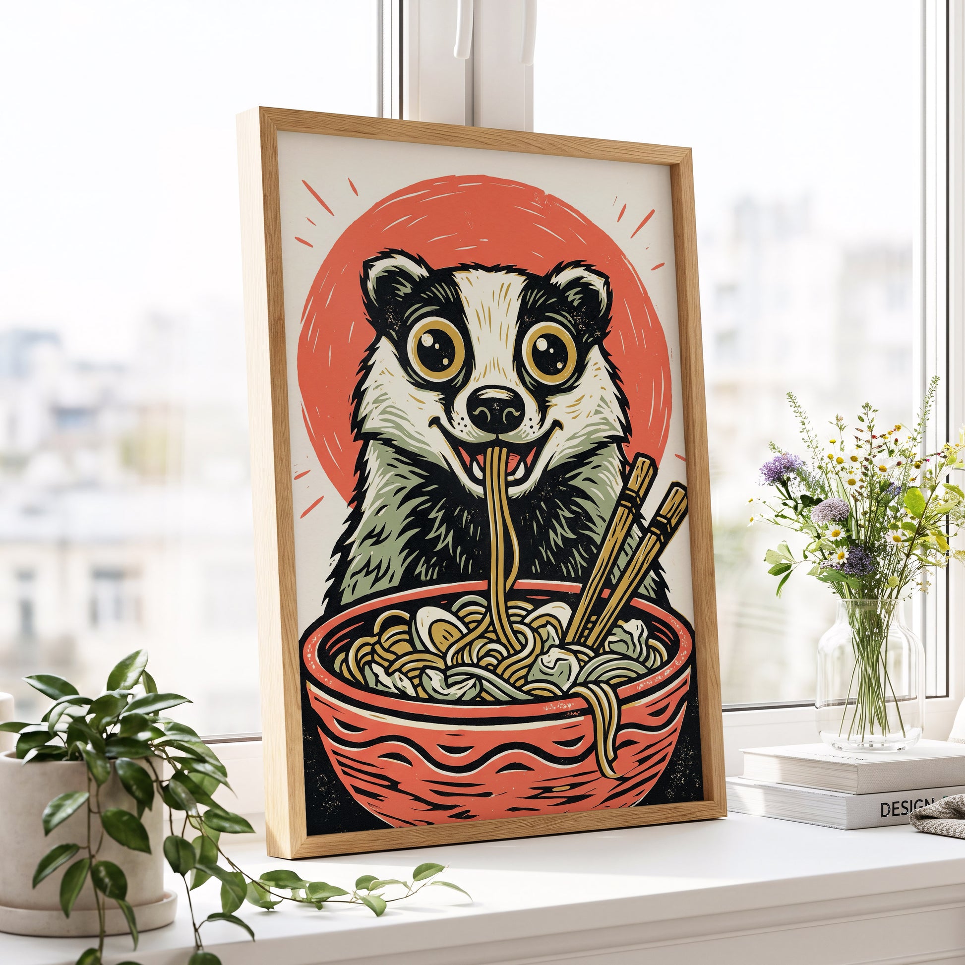 Midnight Noodle Badger, red, black, beige nature wall art displayed in a styled interior, gallery view 9