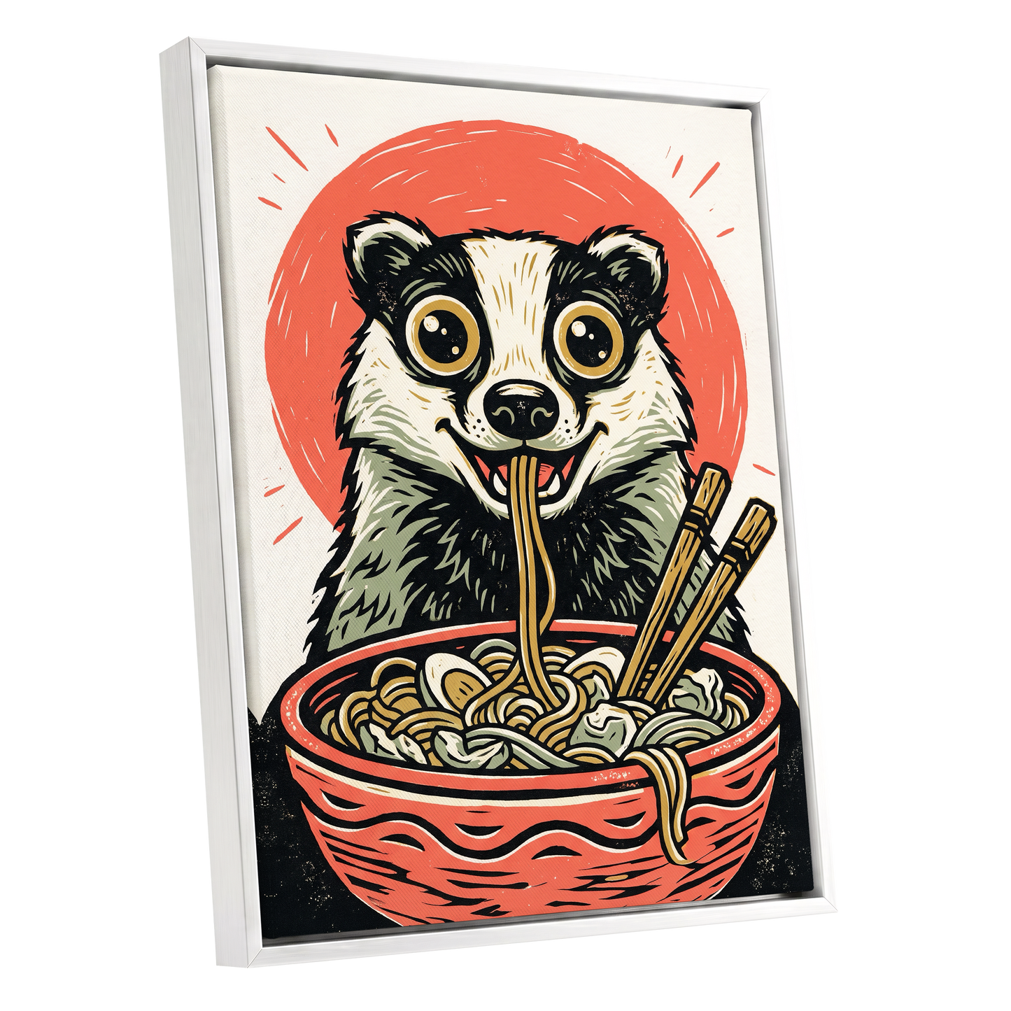 Midnight Noodle Badger, red, black, beige nature wall art shown as a white framed canvas wall art