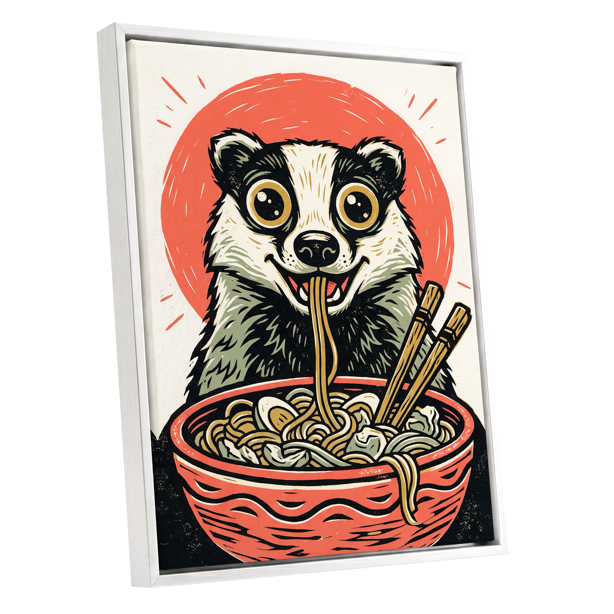 Midnight Noodle Badger, red, black, beige nature wall art shown as a white framed canvas wall art