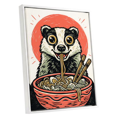 Midnight Noodle Badger, red, black, beige nature wall art shown as a white framed canvas wall art