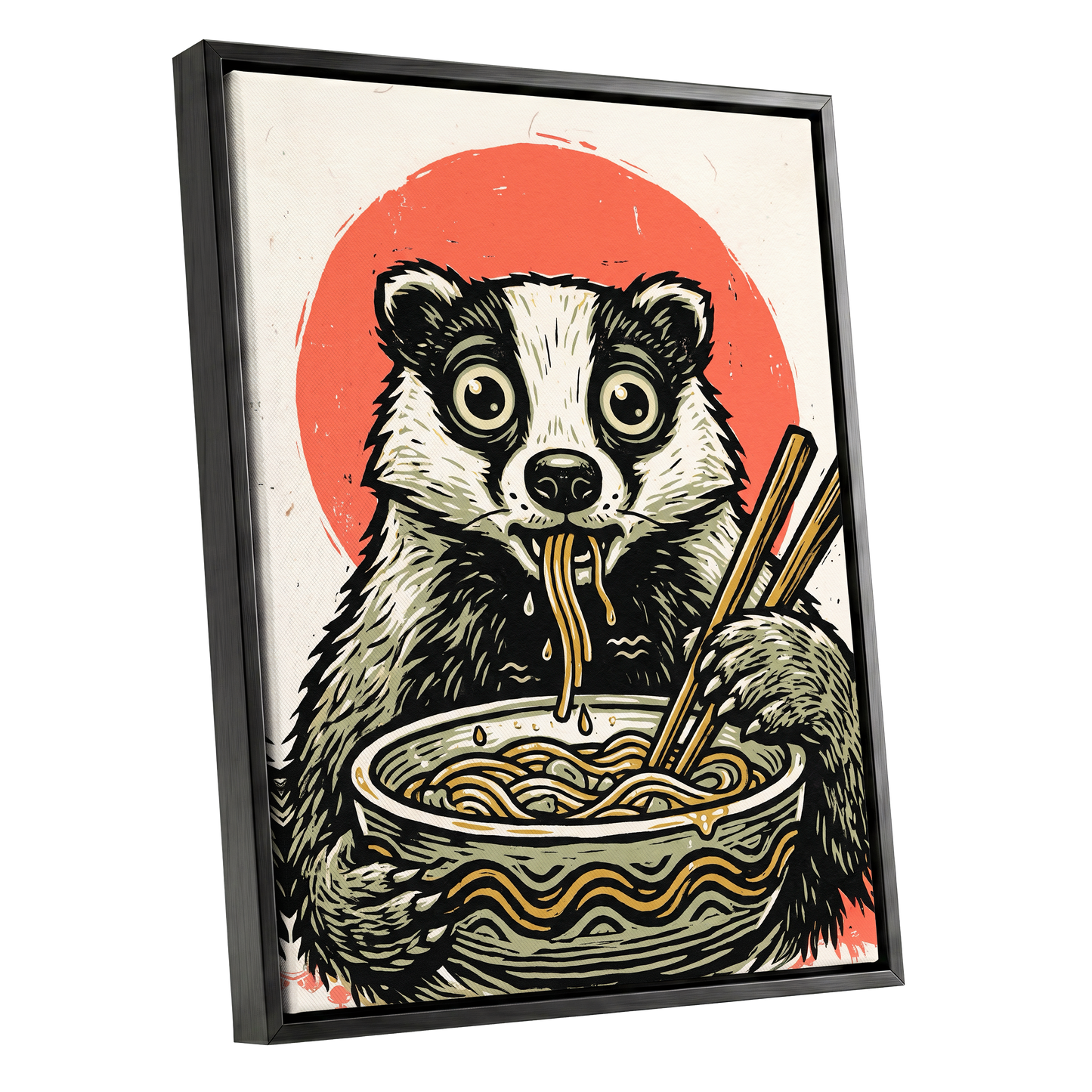 Midnight Noodle Bandit, black, beige, red nature wall art shown as a black framed canvas wall art