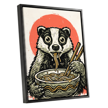 Midnight Noodle Bandit, black, beige, red nature wall art shown as a black framed canvas wall art