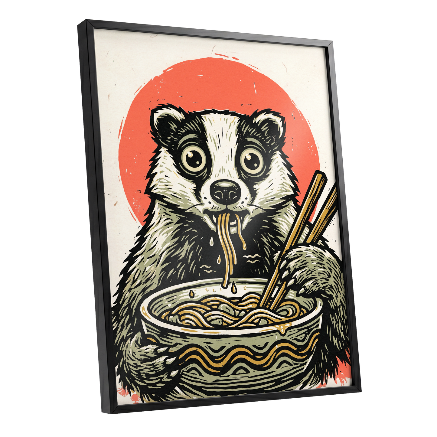 Midnight Noodle Bandit, black, beige, red nature wall art shown as a black framed poster wall art print