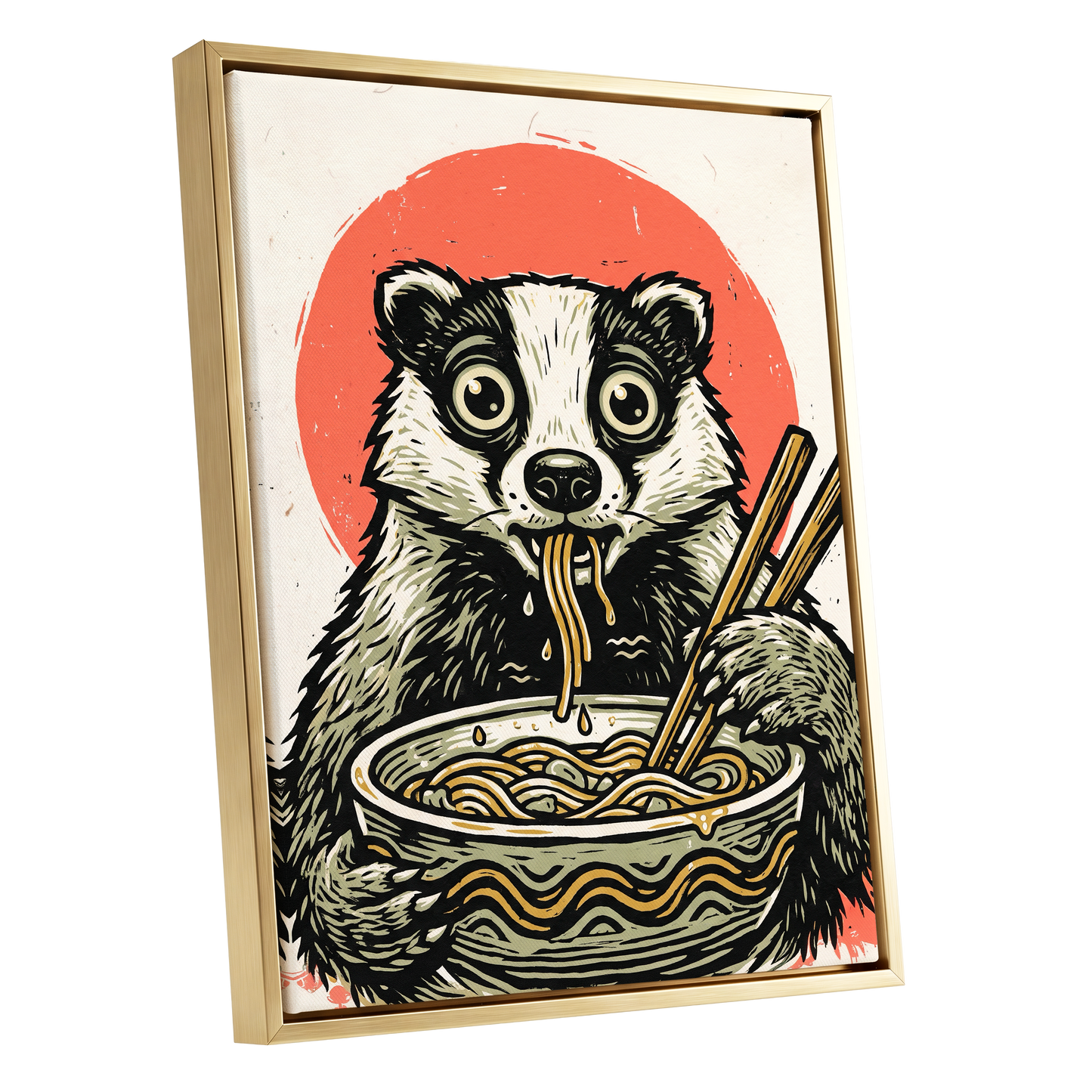 Midnight Noodle Bandit, black, beige, red nature wall art shown as a gold framed canvas wall art