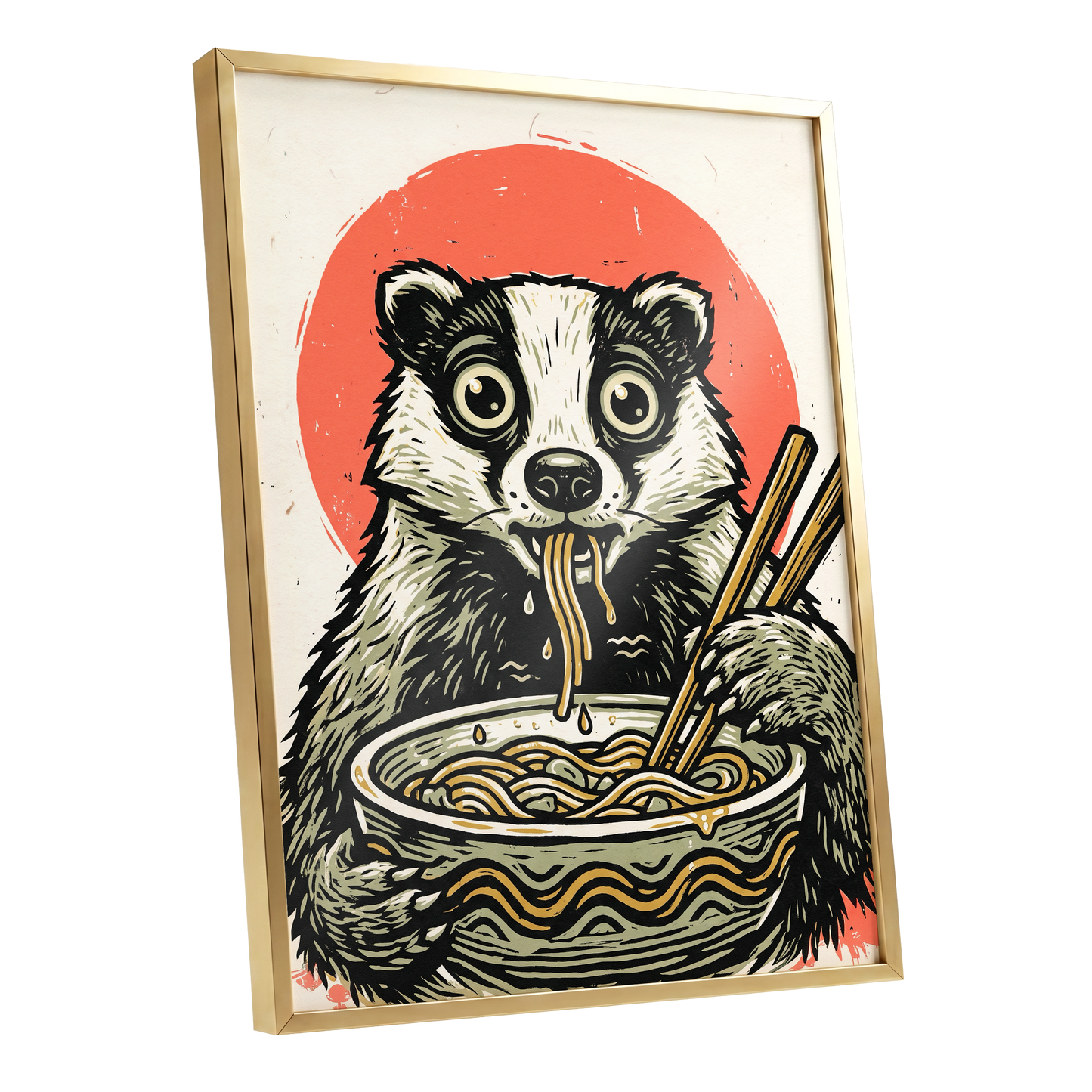 Midnight Noodle Bandit, black, beige, red nature wall art shown as a gold framed poster wall art print
