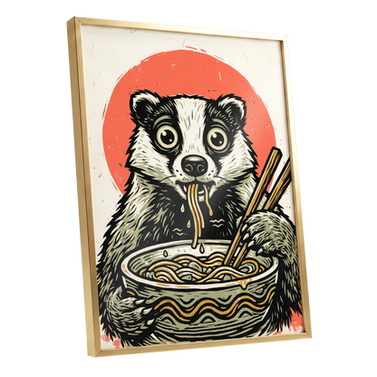 Midnight Noodle Bandit, black, beige, red nature wall art shown as a gold framed poster wall art print