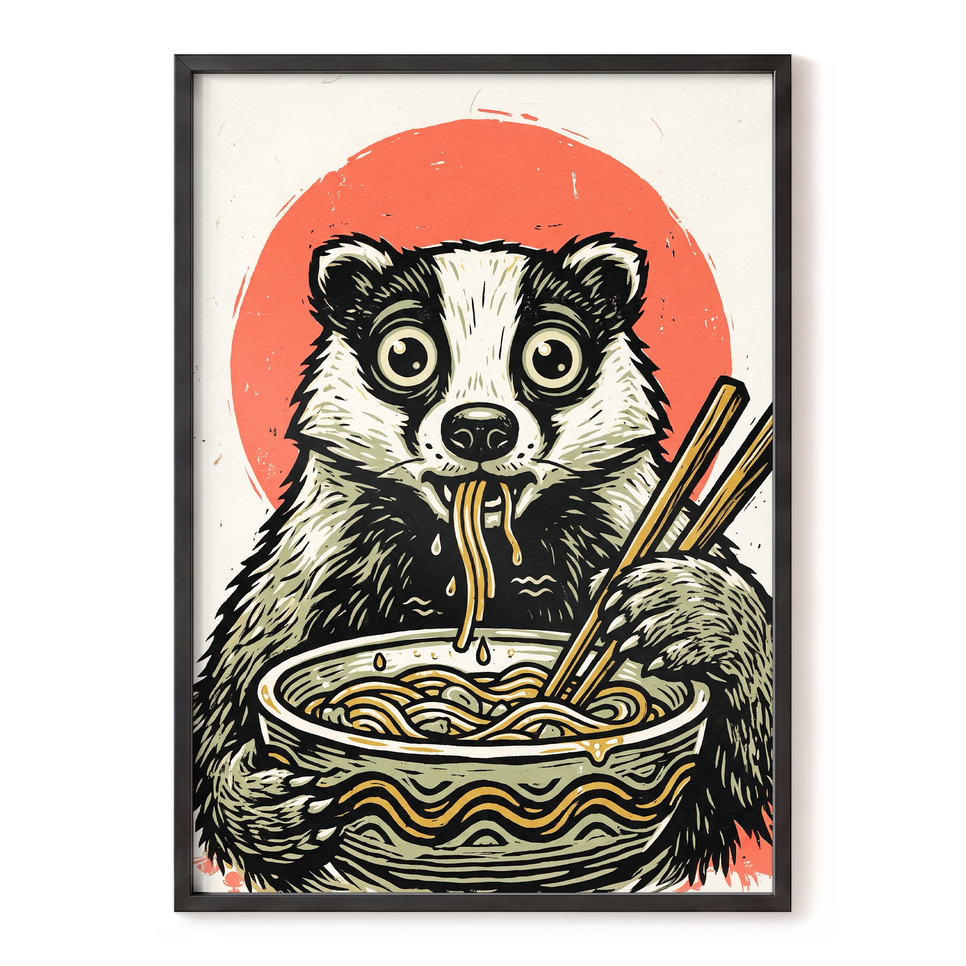 Midnight Noodle Bandit, black, beige, red nature wall art, front artwork view