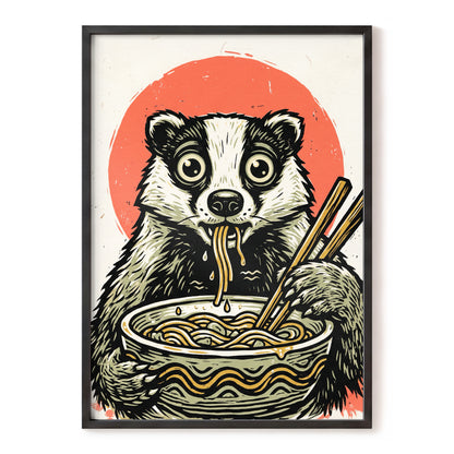Midnight Noodle Bandit, black, beige, red nature wall art, front artwork view