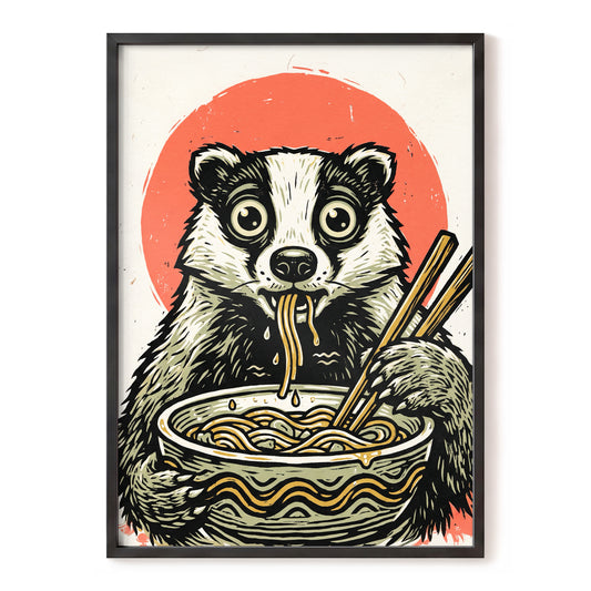 Midnight Noodle Bandit, black, beige, red nature wall art, front artwork view
