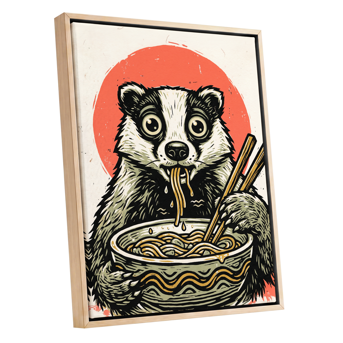 Midnight Noodle Bandit, black, beige, red nature wall art shown as a oak framed canvas wall art