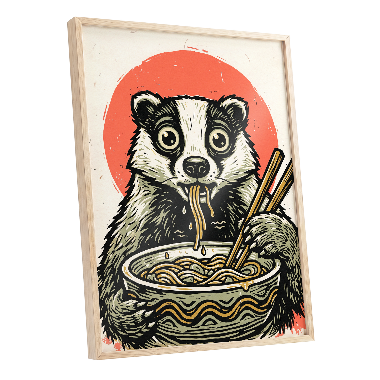 Midnight Noodle Bandit, black, beige, red nature wall art shown as a oak framed poster wall art print