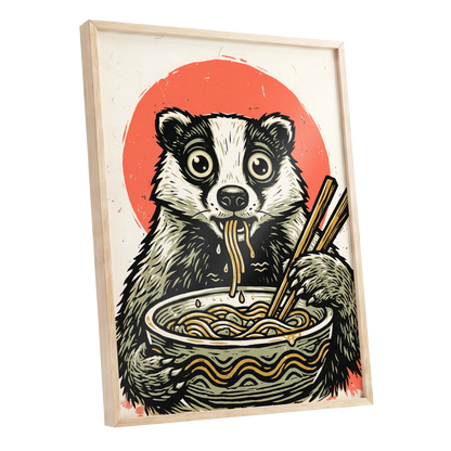 Midnight Noodle Bandit, black, beige, red nature wall art shown as a oak framed poster wall art print