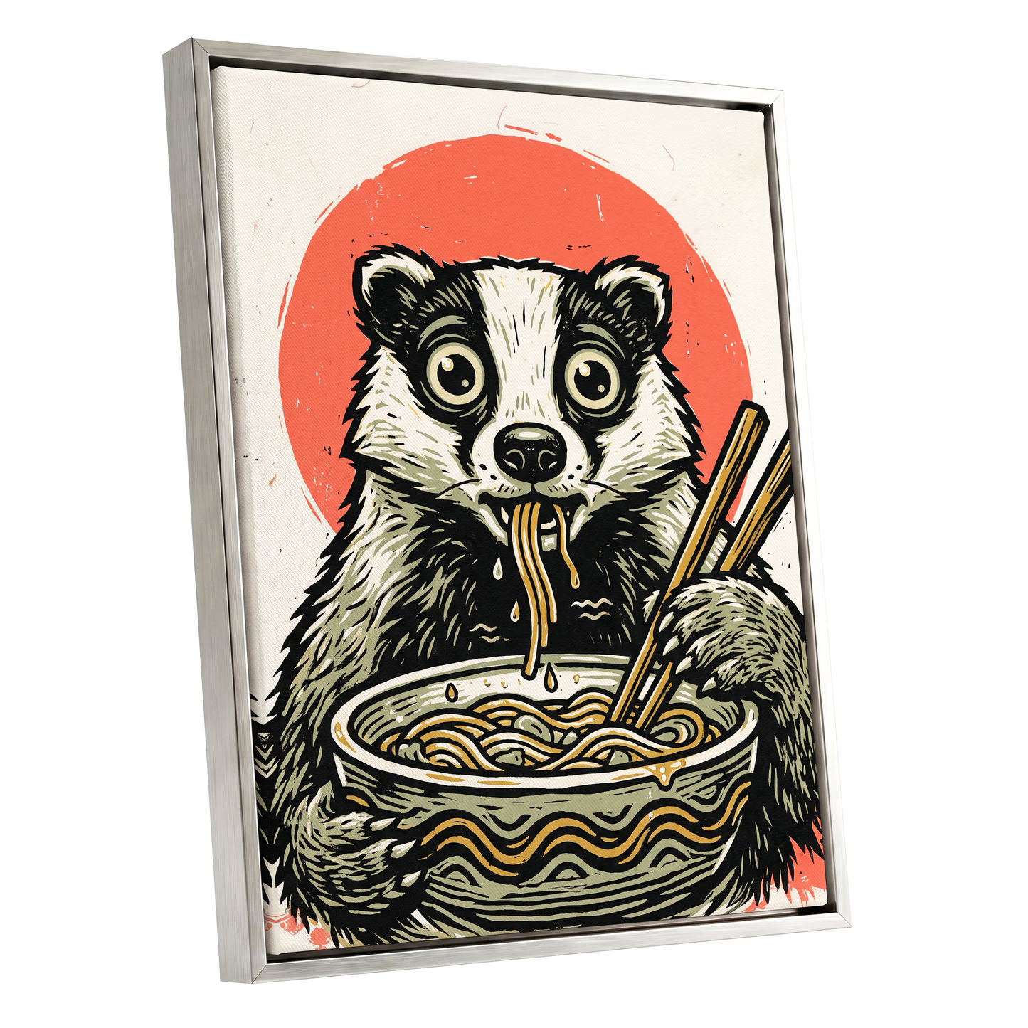 Midnight Noodle Bandit, black, beige, red nature wall art shown as a silver framed canvas wall art