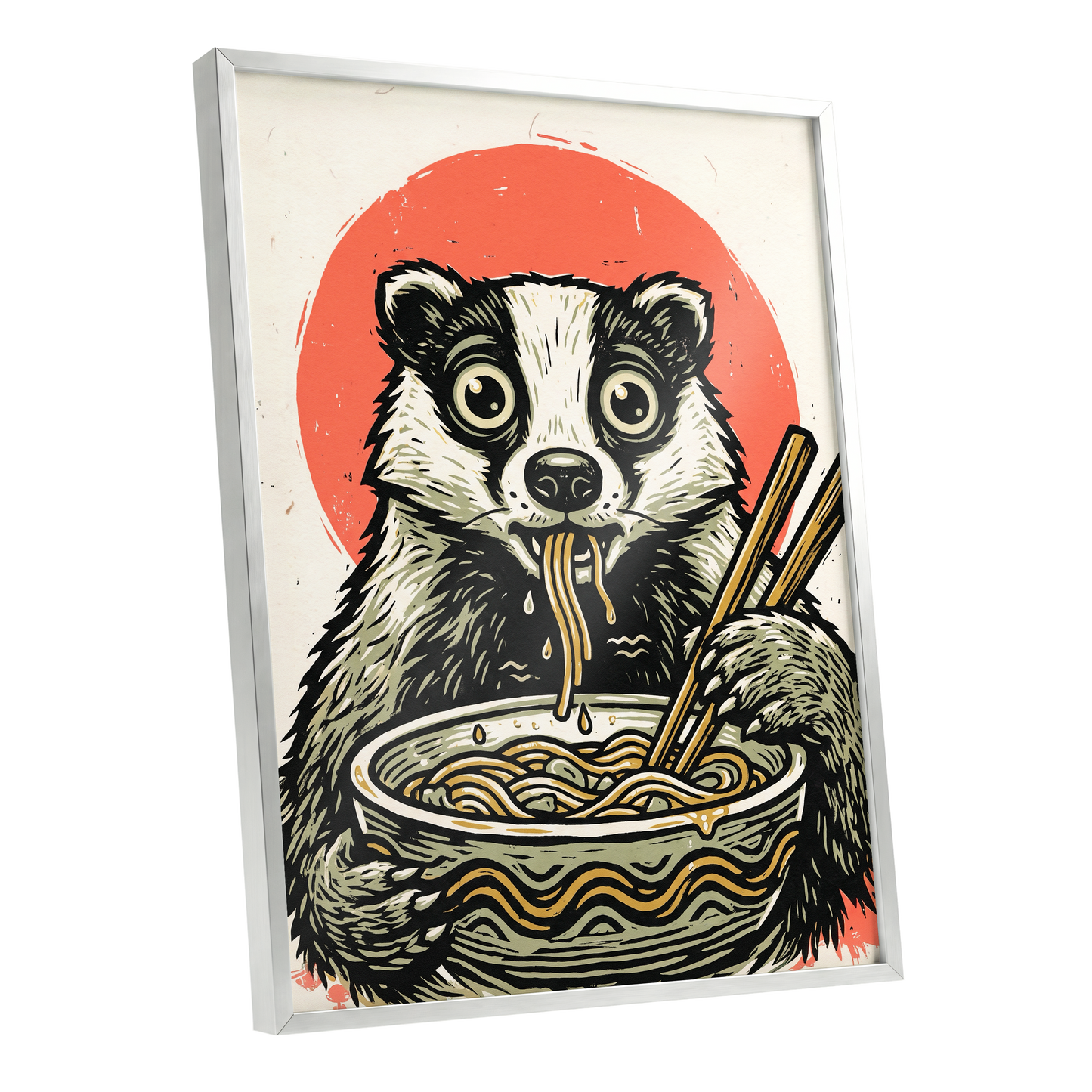 Midnight Noodle Bandit, black, beige, red nature wall art shown as a silver framed poster wall art print