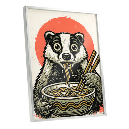 Midnight Noodle Bandit, black, beige, red nature wall art shown as a silver framed poster wall art print