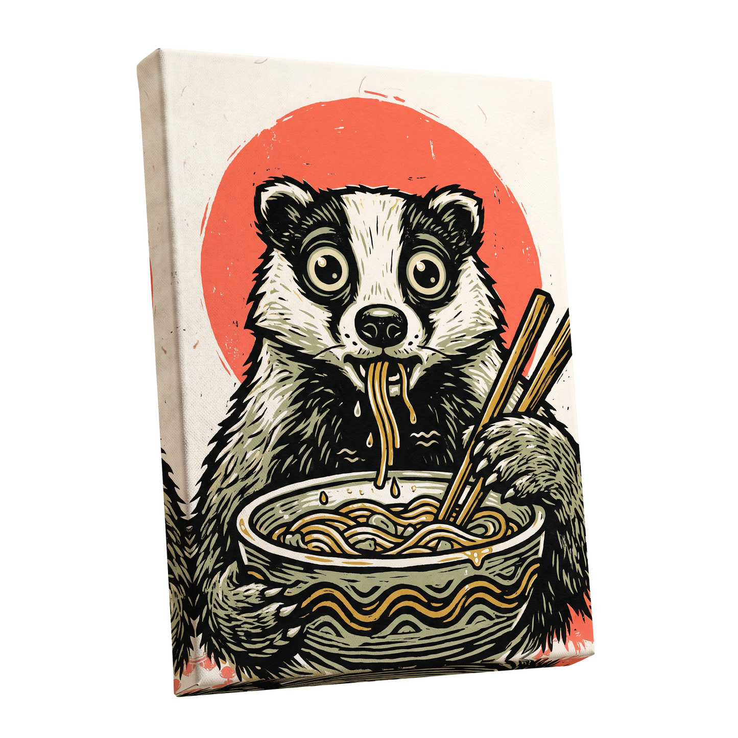 Midnight Noodle Bandit, black, beige, red nature wall art shown as a stretched canvas wall art