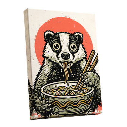 Midnight Noodle Bandit, black, beige, red nature wall art shown as a stretched canvas wall art