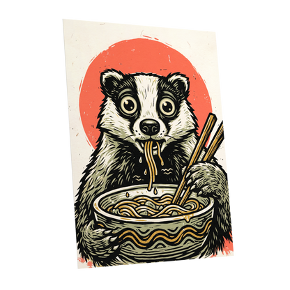 Midnight Noodle Bandit, black, beige, red nature wall art shown as a unframed poster wall art print
