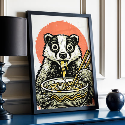 Midnight Noodle Bandit, black, beige, red nature wall art displayed in a styled interior, gallery view 2