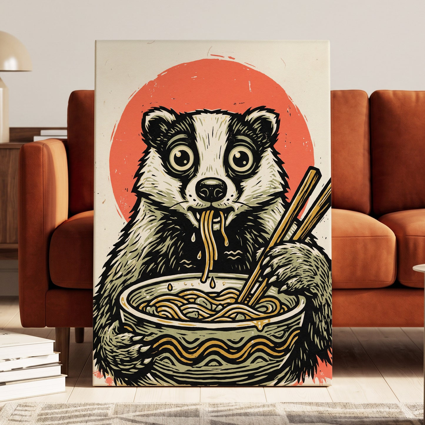 Midnight Noodle Bandit, black, beige, red nature wall art displayed in a styled interior, gallery view 3