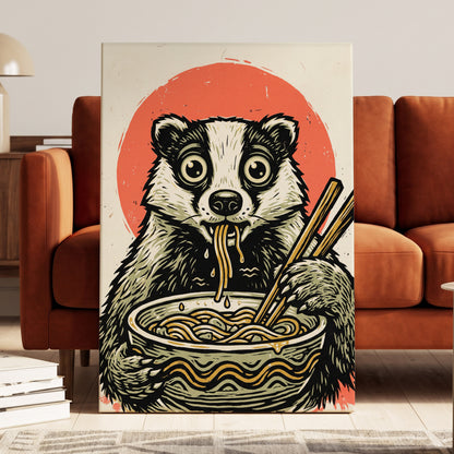 Midnight Noodle Bandit, black, beige, red nature wall art displayed in a styled interior, gallery view 3