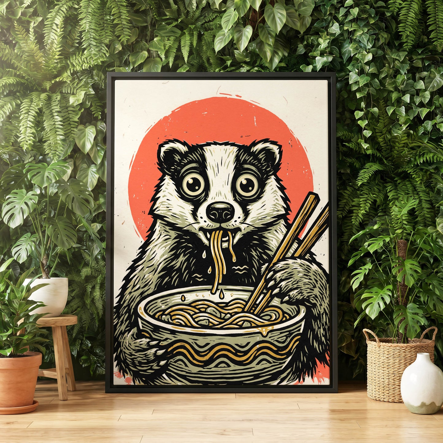 Midnight Noodle Bandit, black, beige, red nature wall art displayed in a styled interior, gallery view 4