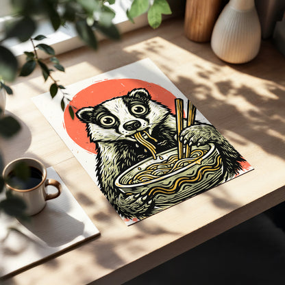 Midnight Noodle Bandit, black, beige, red nature wall art displayed in a styled interior, gallery view 5