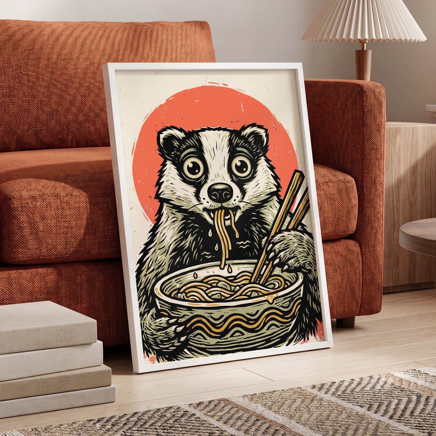 Midnight Noodle Bandit, black, beige, red nature wall art displayed in a styled interior, gallery view 6