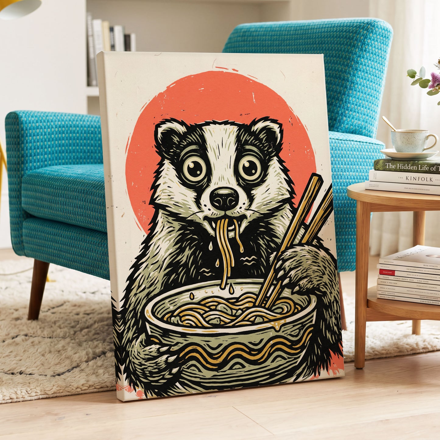 Midnight Noodle Bandit, black, beige, red nature wall art displayed in a styled interior, gallery view 7