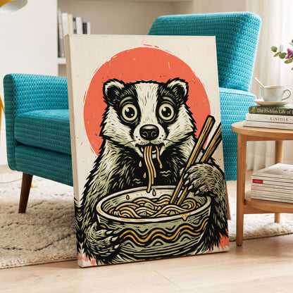 Midnight Noodle Bandit, black, beige, red nature wall art displayed in a styled interior, gallery view 7
