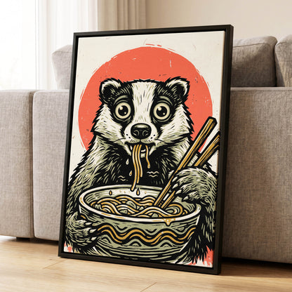 Midnight Noodle Bandit, black, beige, red nature wall art displayed in a styled interior, gallery view 8