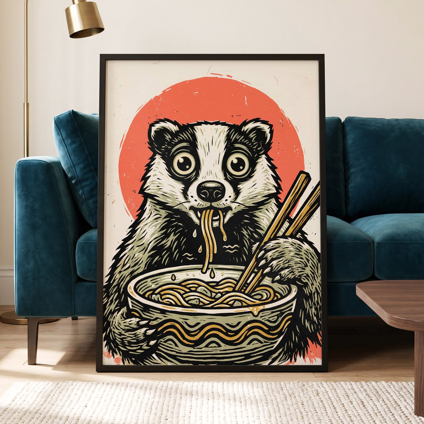 Midnight Noodle Bandit, black, beige, red nature wall art displayed in a styled interior, gallery view 9