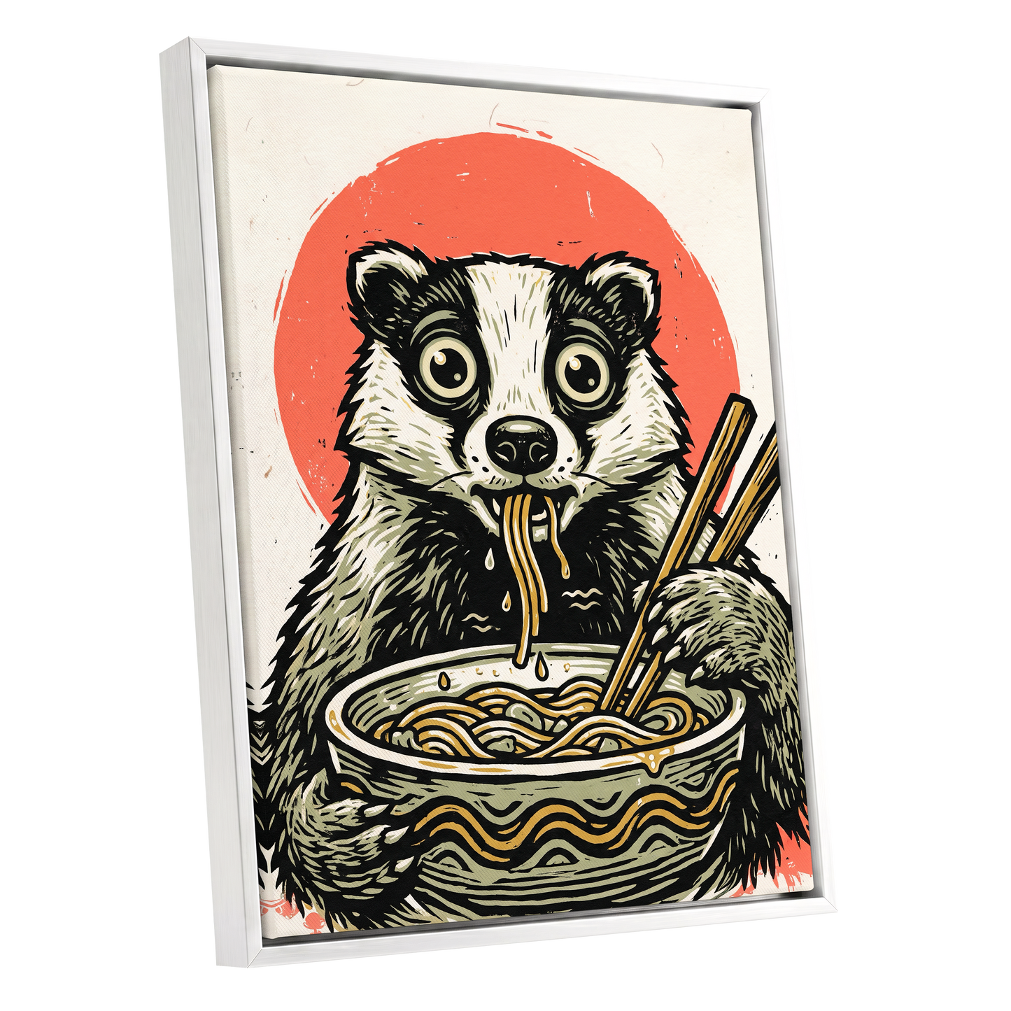 Midnight Noodle Bandit, black, beige, red nature wall art shown as a white framed canvas wall art