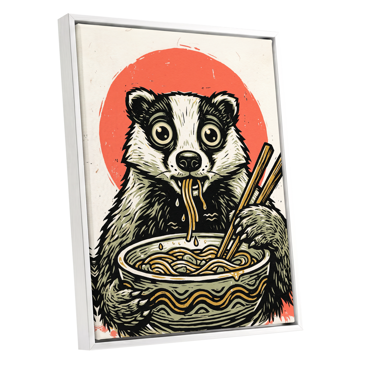 Midnight Noodle Bandit, black, beige, red nature wall art shown as a white framed canvas wall art