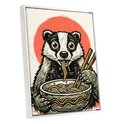 Midnight Noodle Bandit, black, beige, red nature wall art shown as a white framed canvas wall art