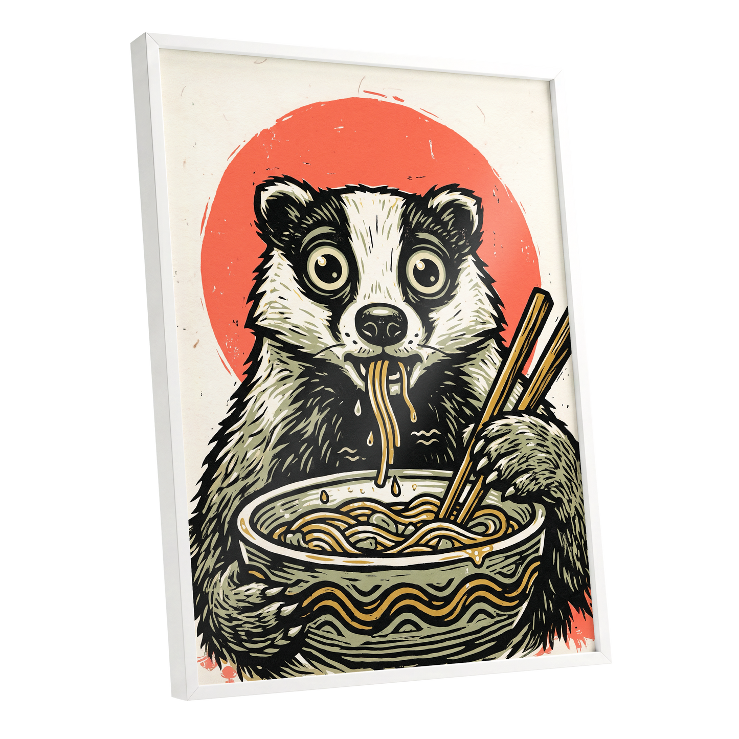 Midnight Noodle Bandit, black, beige, red nature wall art shown as a white framed poster wall art print