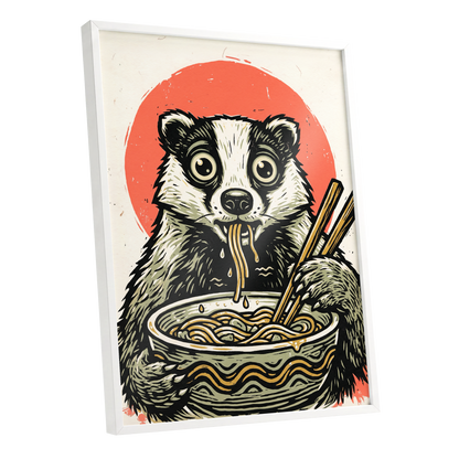 Midnight Noodle Bandit, black, beige, red nature wall art shown as a white framed poster wall art print