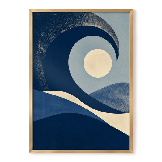 Midnight Orbit, blue, beige, gray abstract wall art, front artwork view
