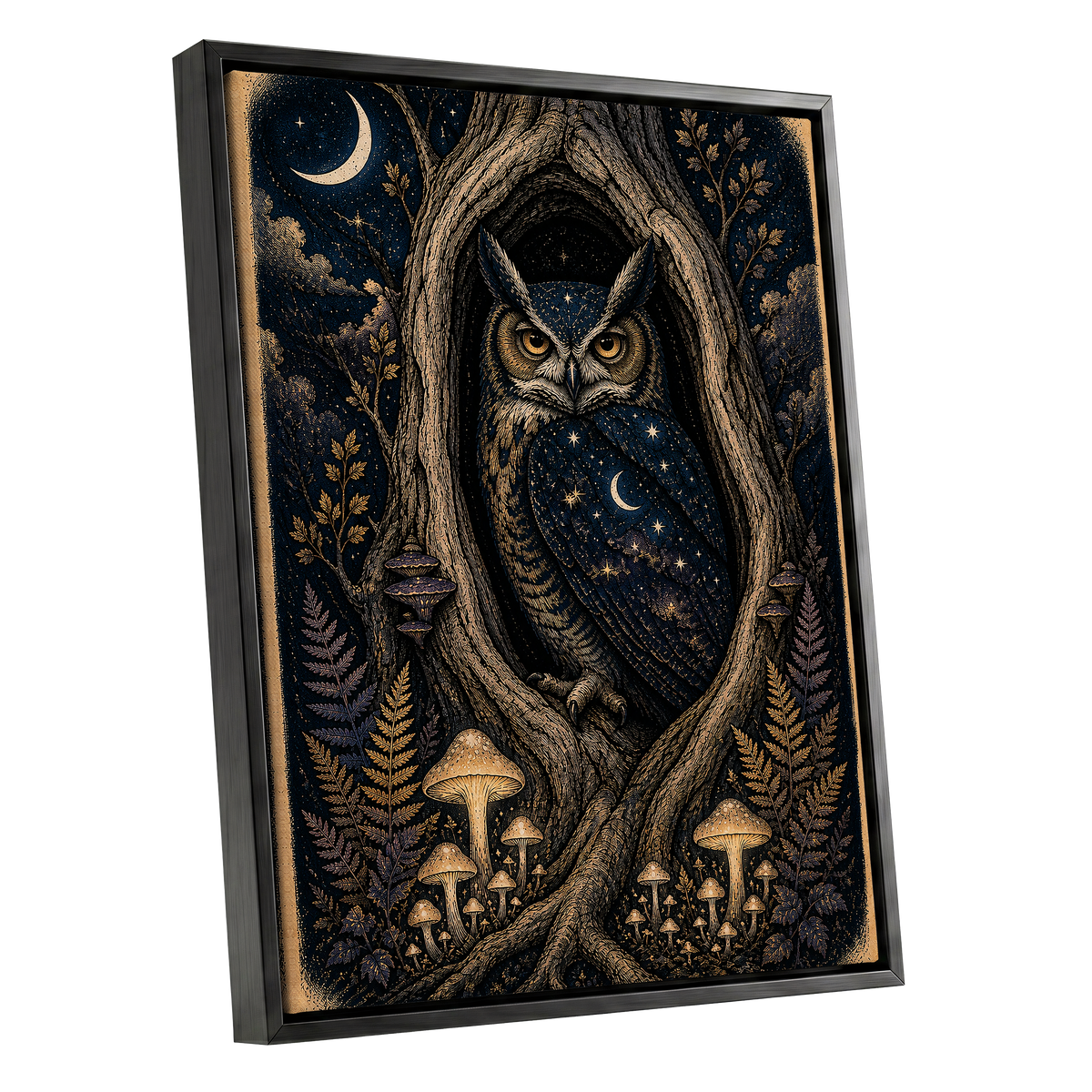 Midnight Owl Hollow, black, blue, gold nature wall art shown as a black framed canvas wall art