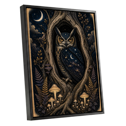 Midnight Owl Hollow, black, blue, gold nature wall art shown as a black framed canvas wall art