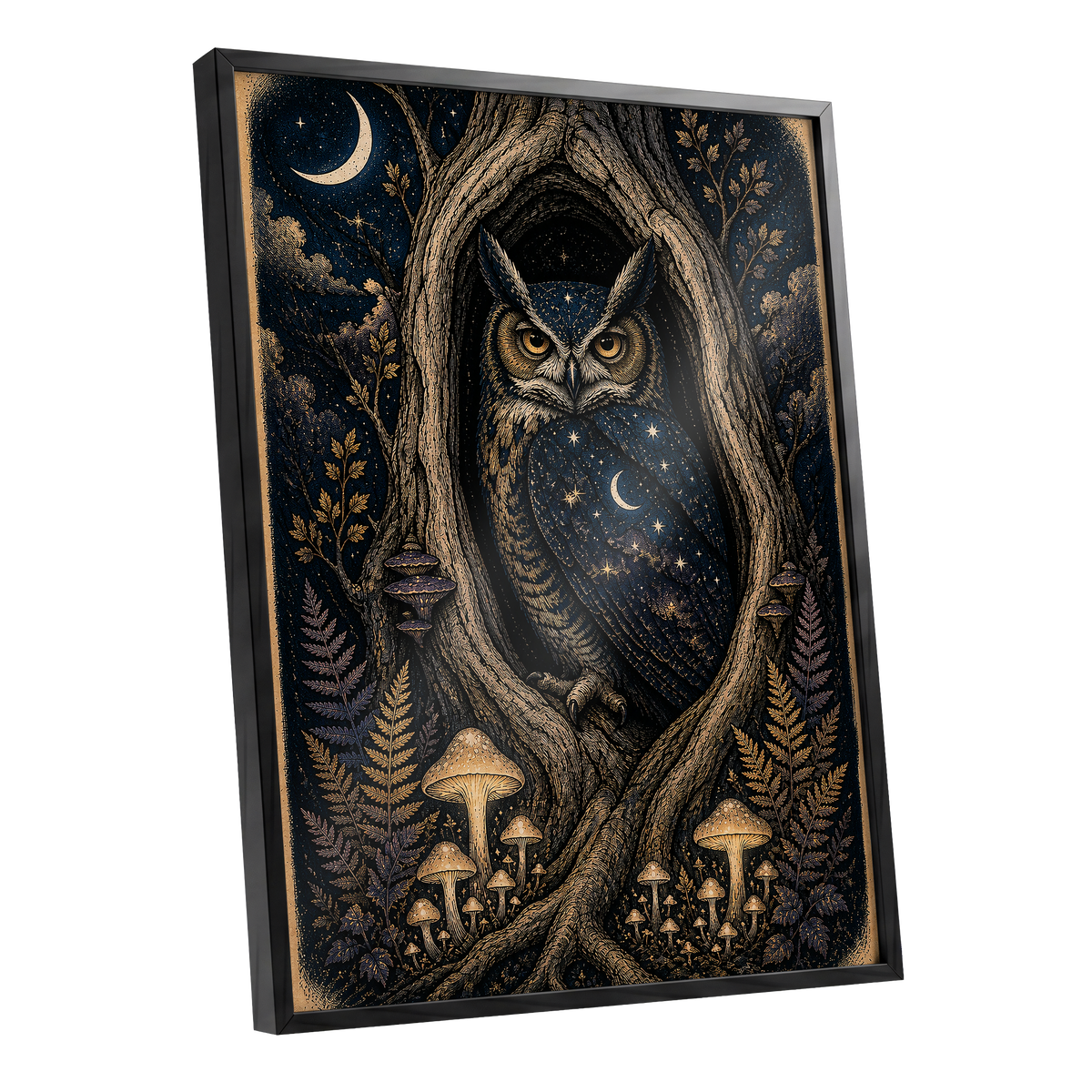Midnight Owl Hollow, black, blue, gold nature wall art shown as a black framed poster wall art print